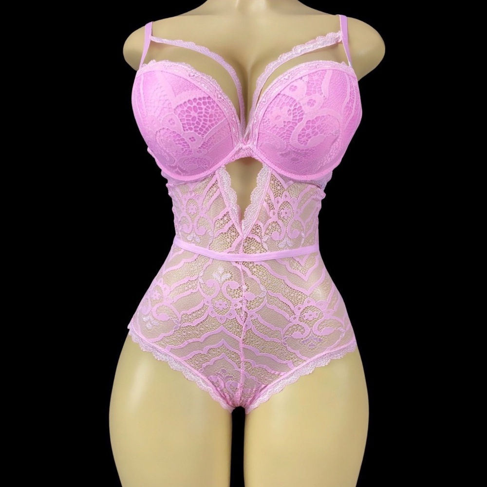 Lilac Sachet Lace Teddy Bodysuit  Push-Up and Open Bottom